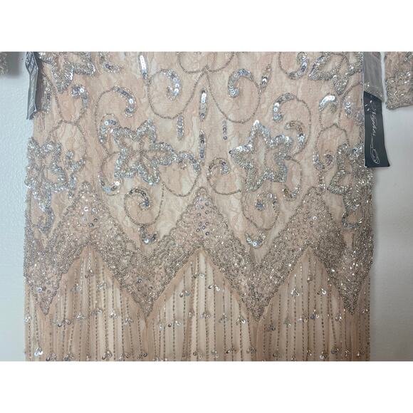 PISARRO NIGHTS DRESS 2 TAN BEIGE GOWN MOB FALL EVENING LONG FORMAL SEQUIN BEADED - Picture 12 of 16